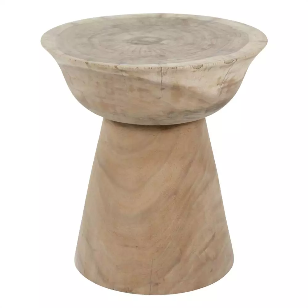 Table basse ronde en suar massif naturel, vue de face sur fond blanc, socle conique et veinage cœur-aubier