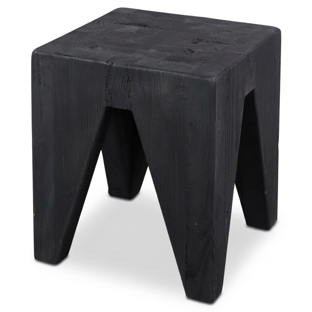 Tabouret carré en pin recyclé noir mat, vue trois-quarts, plateau débordant, pieds trapézoïdaux, fond blanc