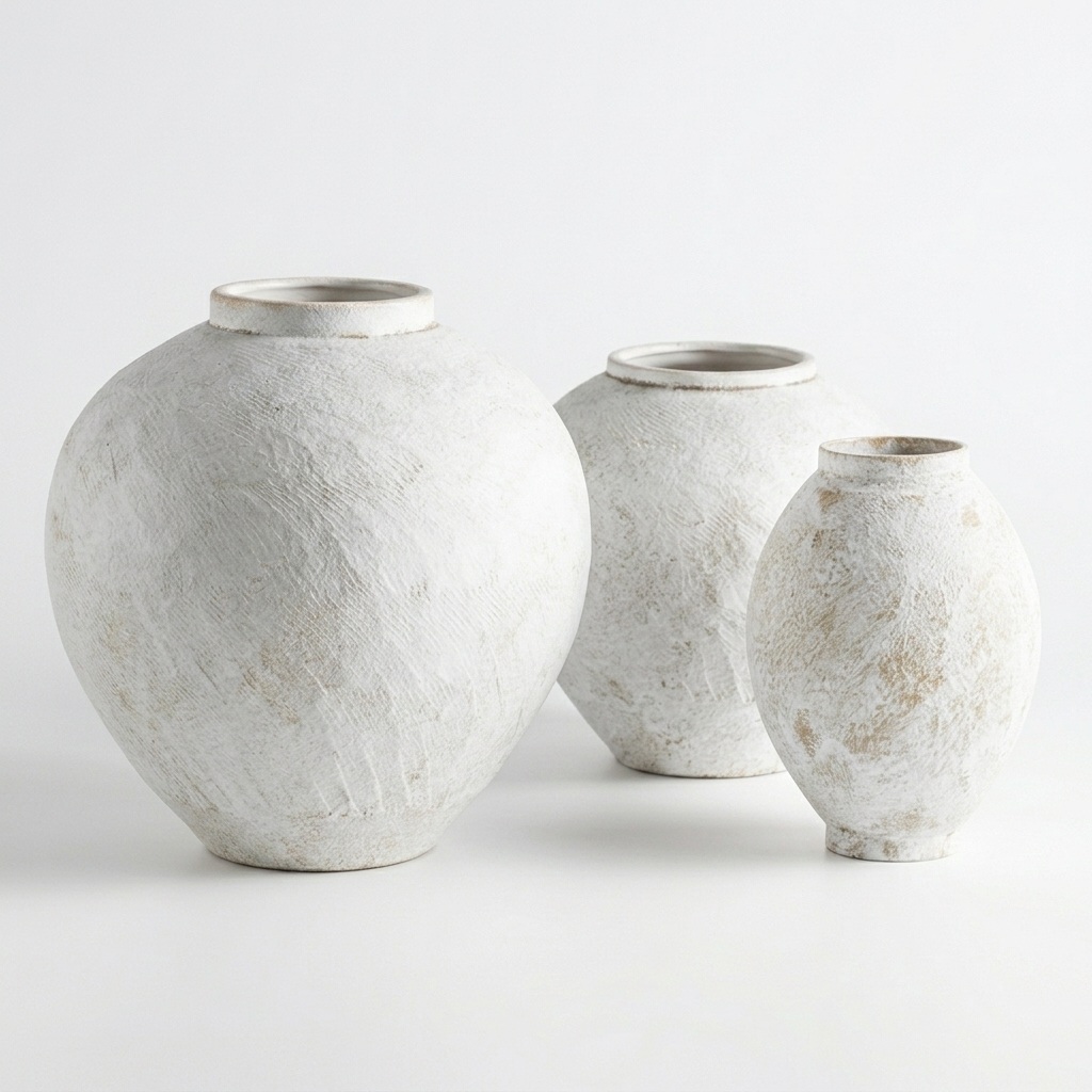 Trio de vases globulaires en céramique blanc cassé effet chaux, fond blanc neutre, vue de face sur trois formats distincts