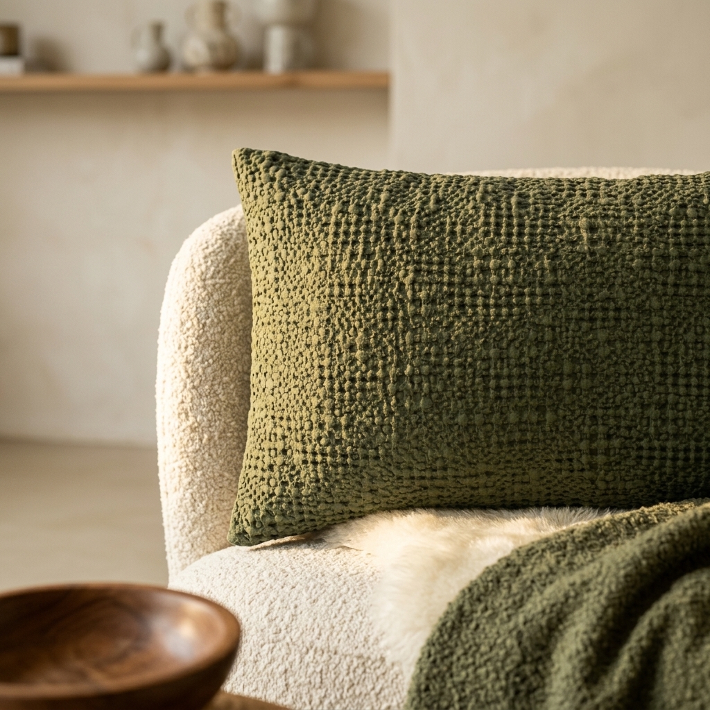 Coussin en coton stonewashed vert olive vu de près sur canapé bouclé blanc, étagère bois et vases céramique en arrière-plan flou