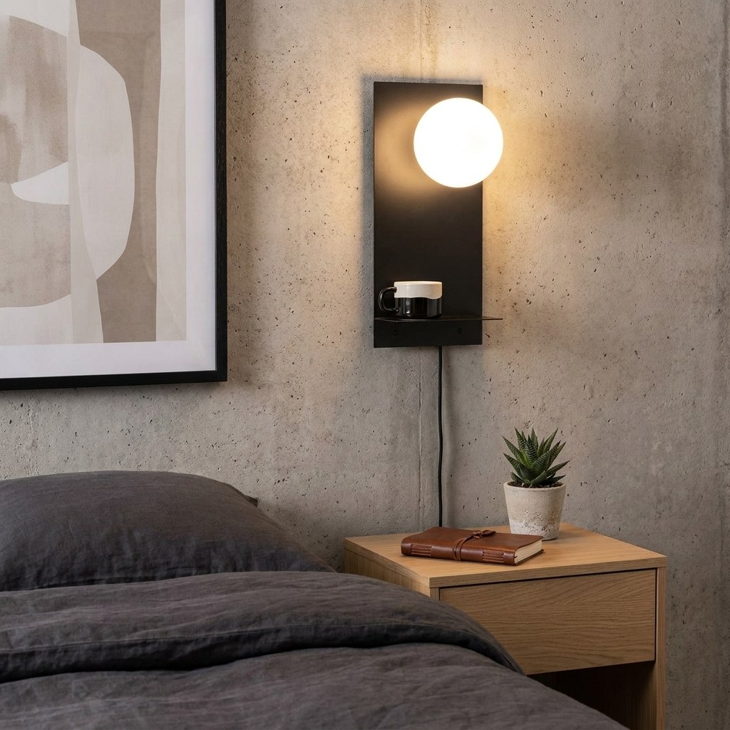 Applique murale globe opalin noir Zao au chevet lit, mur béton brut, table de nuit chêne, journal cuir, plante succulente, artwork abstrait en fond