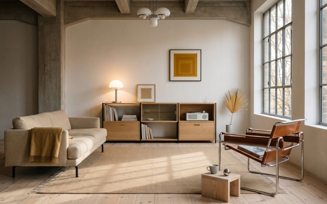 Salon Bauhaus contemporain dans un loft berlinois, chaise Wassily en acier tubulaire chromé et cuir cognac, canapé lin écru avec plaid moutarde, étagère modulaire en chêne clair et acier noir mat, lampe Wagenfeld en verre opalin et lithographie Albers sous lumière naturelle nordique