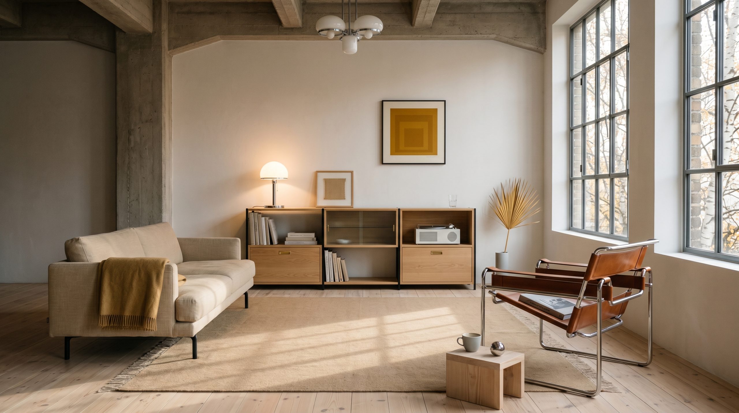 Salon Bauhaus contemporain dans un loft berlinois, chaise Wassily en acier tubulaire chromé et cuir cognac, canapé lin écru avec plaid moutarde, étagère modulaire en chêne clair et acier noir mat, lampe Wagenfeld en verre opalin et lithographie Albers sous lumière naturelle nordique