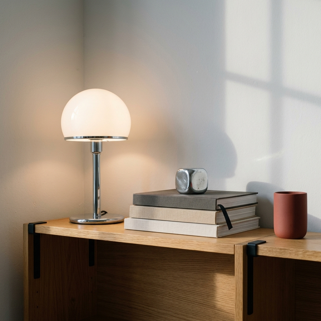 Palette Bauhaus contemporain, mur en plâtre blanc cassé avec ombre de fenêtre industrielle, étagère en chêne clair et acier noir mat, lampe Wagenfeld en verre opalin, livres d'architecture et accent céramique brique rouge mat