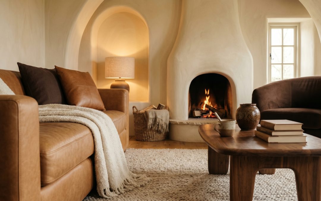 Coin cheminée cocon brun chocolat dans un intérieur organic-modern, mur en plâtre crème courbe et cheminée avec feu bas, canapé en cuir caramel, fauteuil en velours chocolat, table basse en noyer huilé, plaid en laine bouclée écru et lampe en grès sous lumière chaude