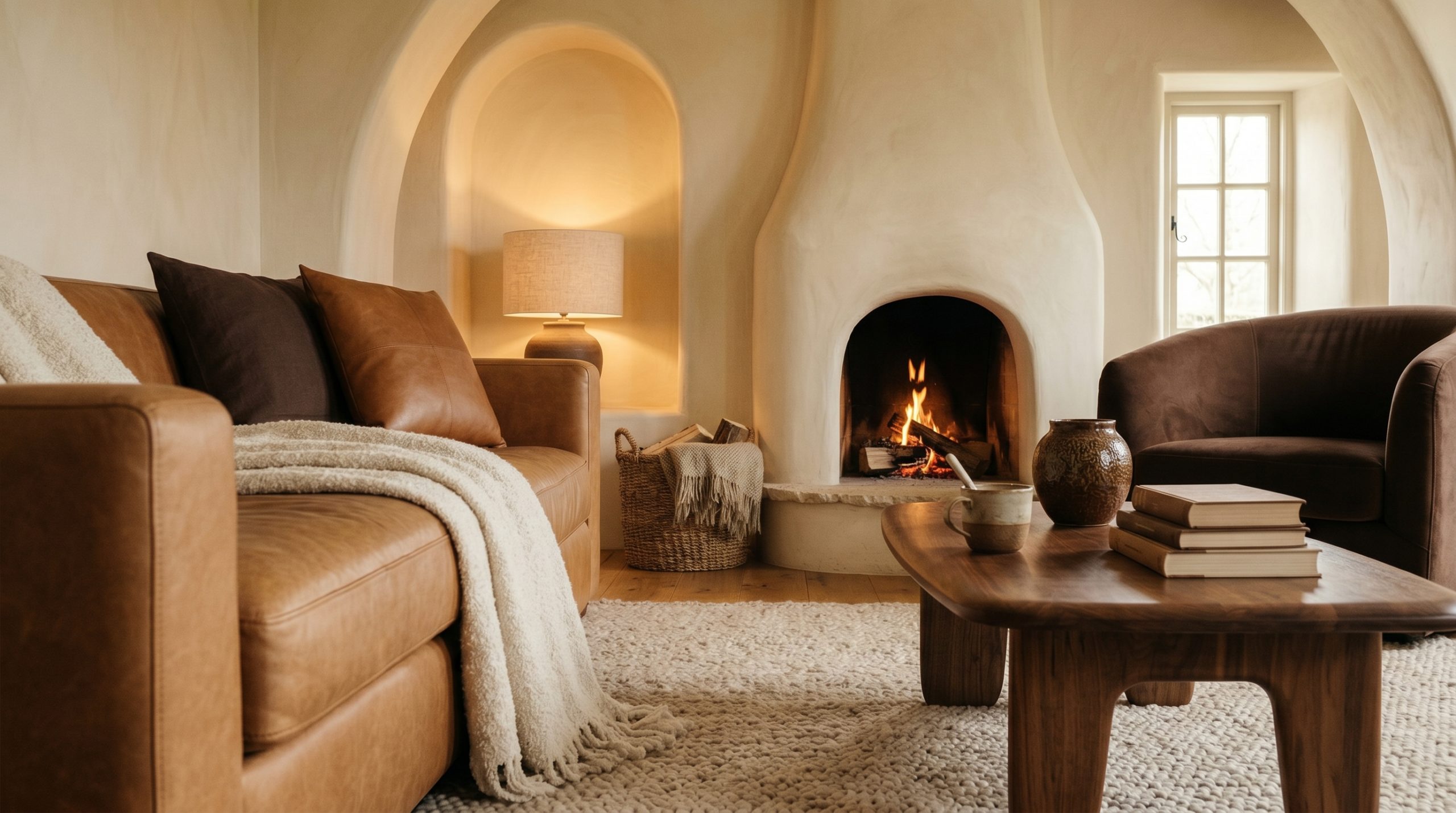 Coin cheminée cocon brun chocolat dans un intérieur organic-modern, mur en plâtre crème courbe et cheminée avec feu bas, canapé en cuir caramel, fauteuil en velours chocolat, table basse en noyer huilé, plaid en laine bouclée écru et lampe en grès sous lumière chaude