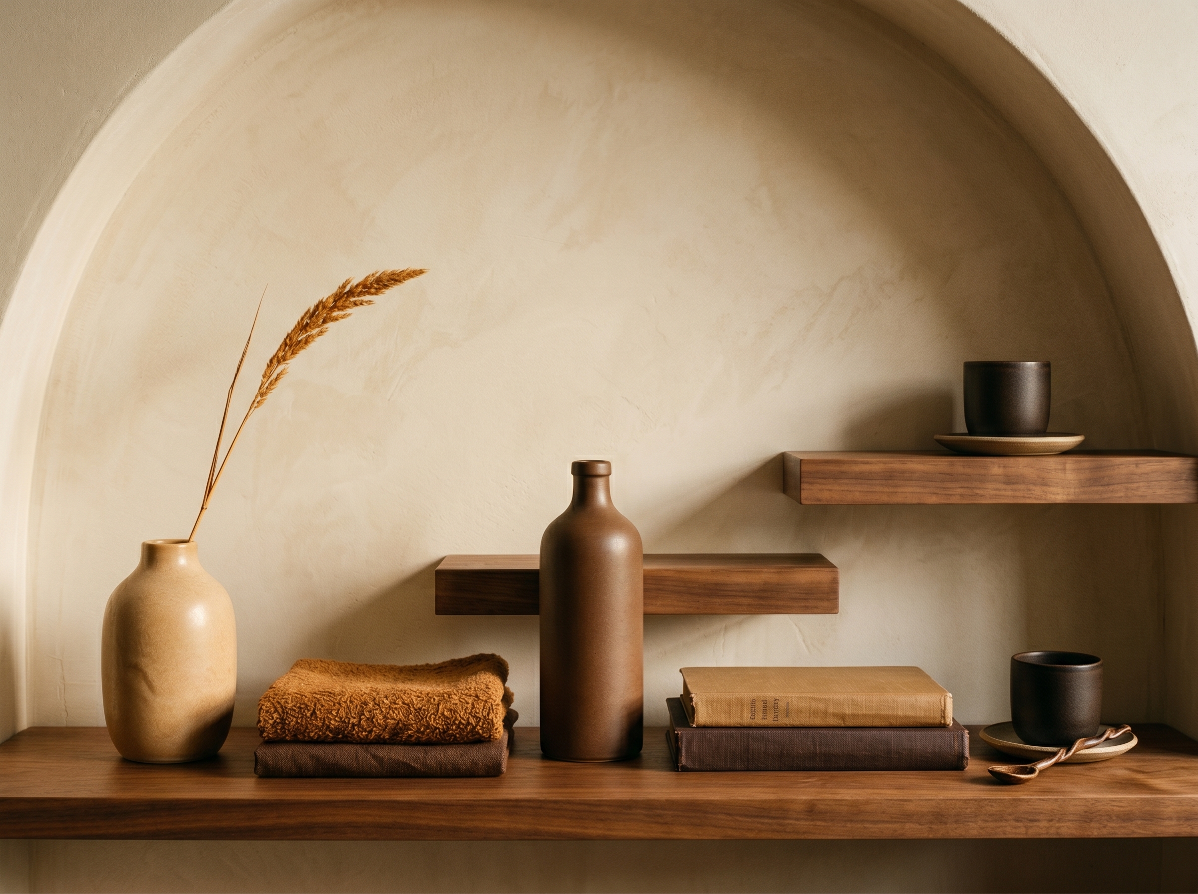 Dégradé brun du caramel à l'espresso, vase en céramique caramel, bouteille en grès chocolat, tasse en grès espresso et livres reliés sur plâtre crème, étude de palette en camaïeu de bruns