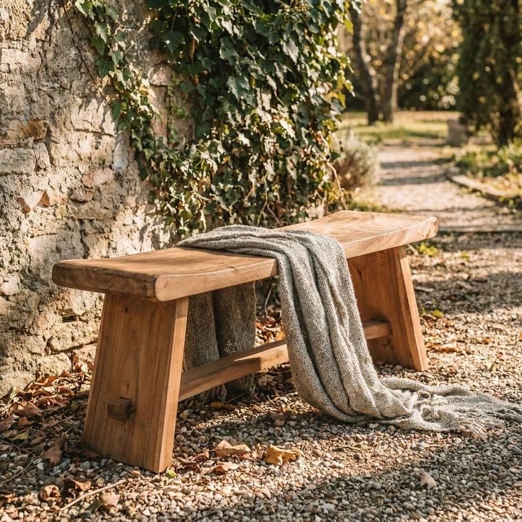 Banc en suar massif naturel contre un mur de pierre couvert de lierre, sol en gravier, lumière dorée d'automne