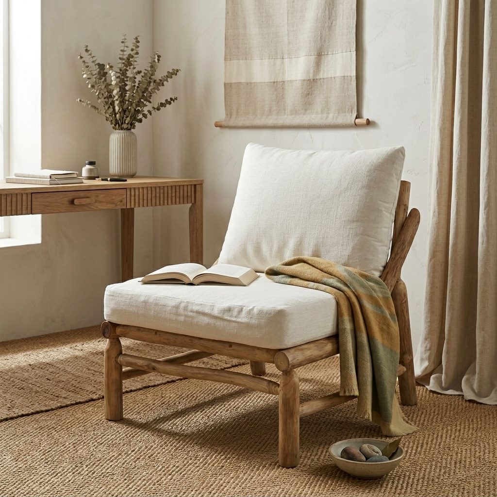 Fauteuil bois massif coussin lin ivoire dans bureau bucolique, tapis jute, desk teck cannelé, eucalyptus séché, mural lin
