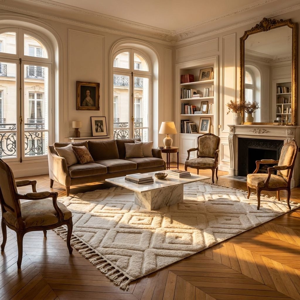 Tapis laine blanc à relief carved losanges dans un salon classique parisien, parquet chevron, lumière dorée et cheminée marbre blanche