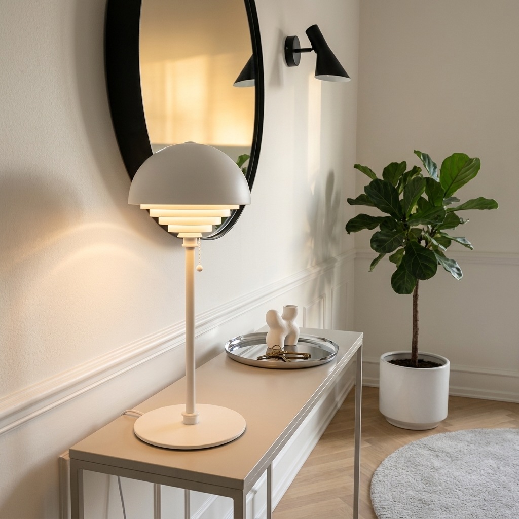 Lampe à poser blanche en métal laqué mat sur console claire, miroir rond noir et plante en pot dans entrée lumineuse.