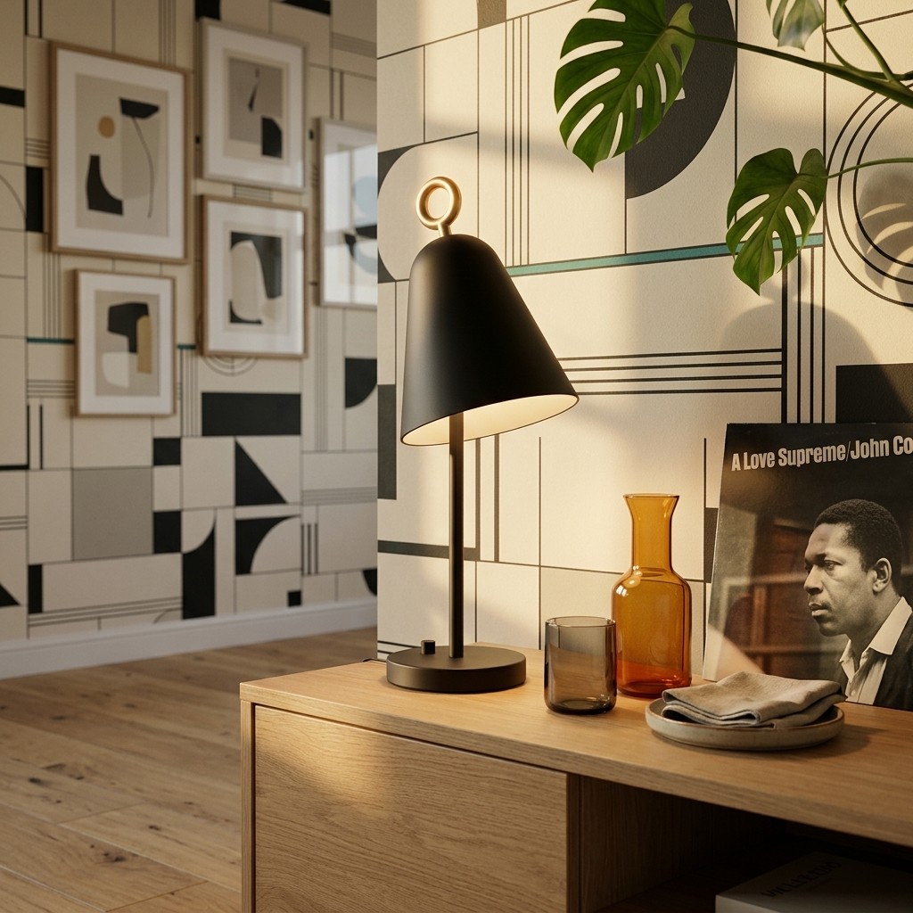 Lampe à poser noir mat à anneau laiton sur console en chêne, papier peint géométrique crème et noir, ambiance golden hour