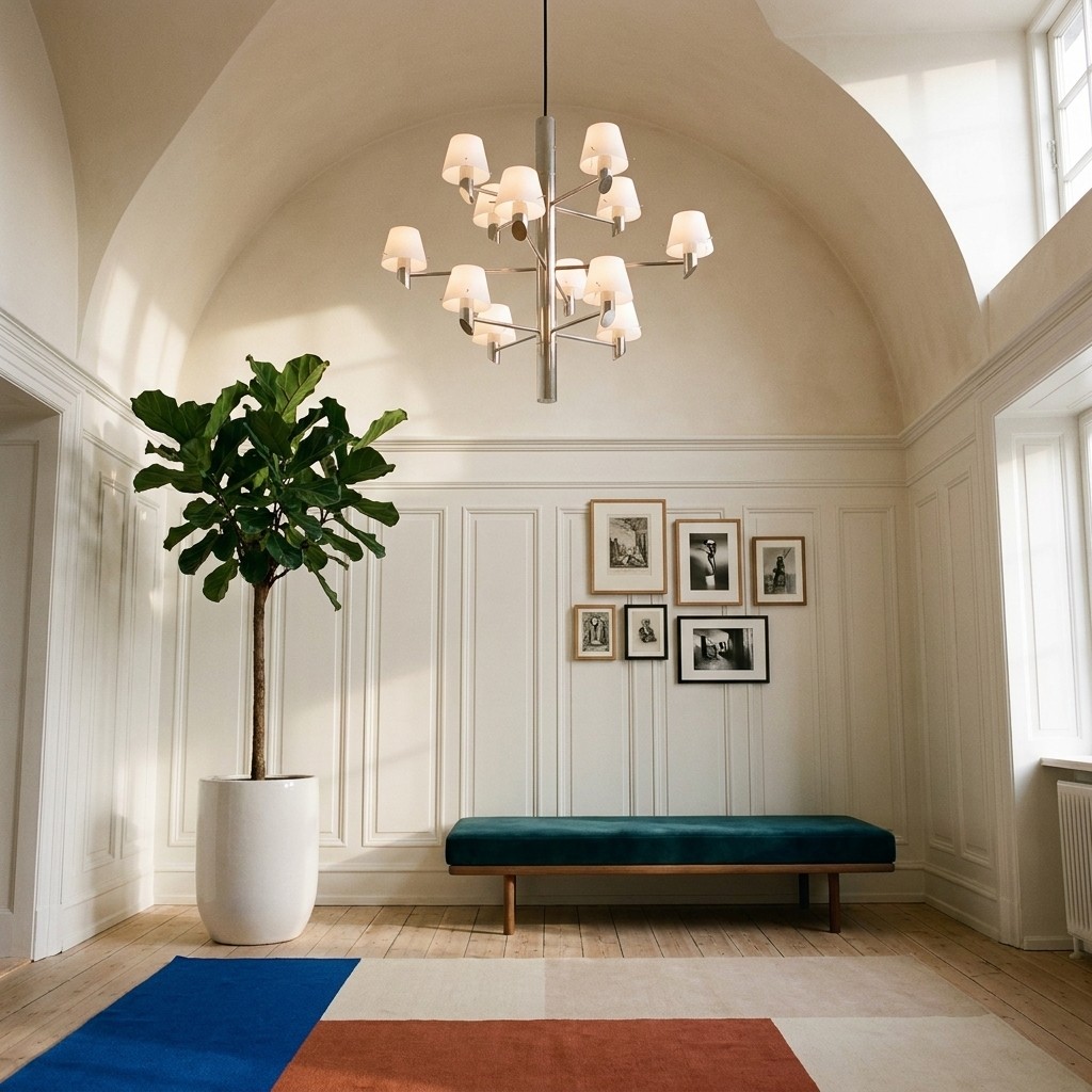 Lustre chrome 12 lumières aux abat-jours en verre opalin blanc, suspendu sous une voûte de plâtre crème dans un hall lumineux.