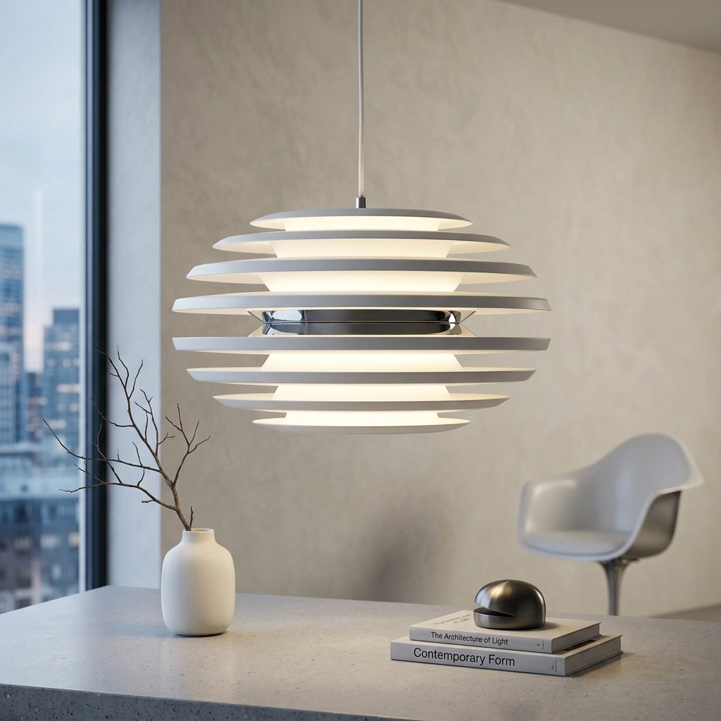 Suspension blanche à lamelles empilées et anneau chromé au-dessus d'un comptoir, fauteuil coque blanc et vue sur la ville