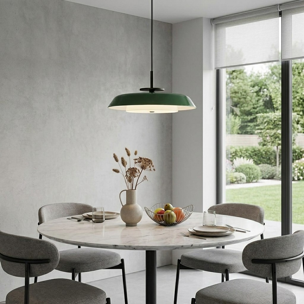 Suspension disque vert forêt et verre opalin au-dessus d'une table en pierre claire veinée, chaises grises et mur clair