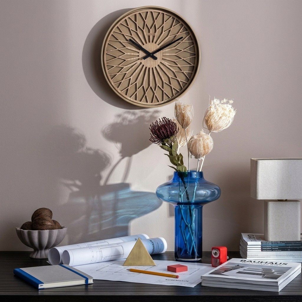 Vase en verre bleu cobalt à silhouette champignon sur un bureau, fleurs séchées, horloge en bois et plans d'architecte