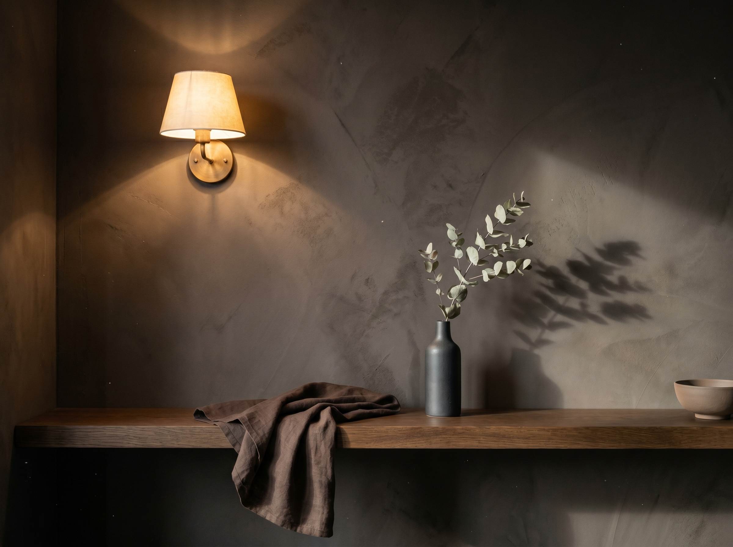 Palette Dark Japandi 2026, mur lime wash taupe, etagere noyer fume et vase gres anthracite sous lumiere chaude d'applique aged-brass