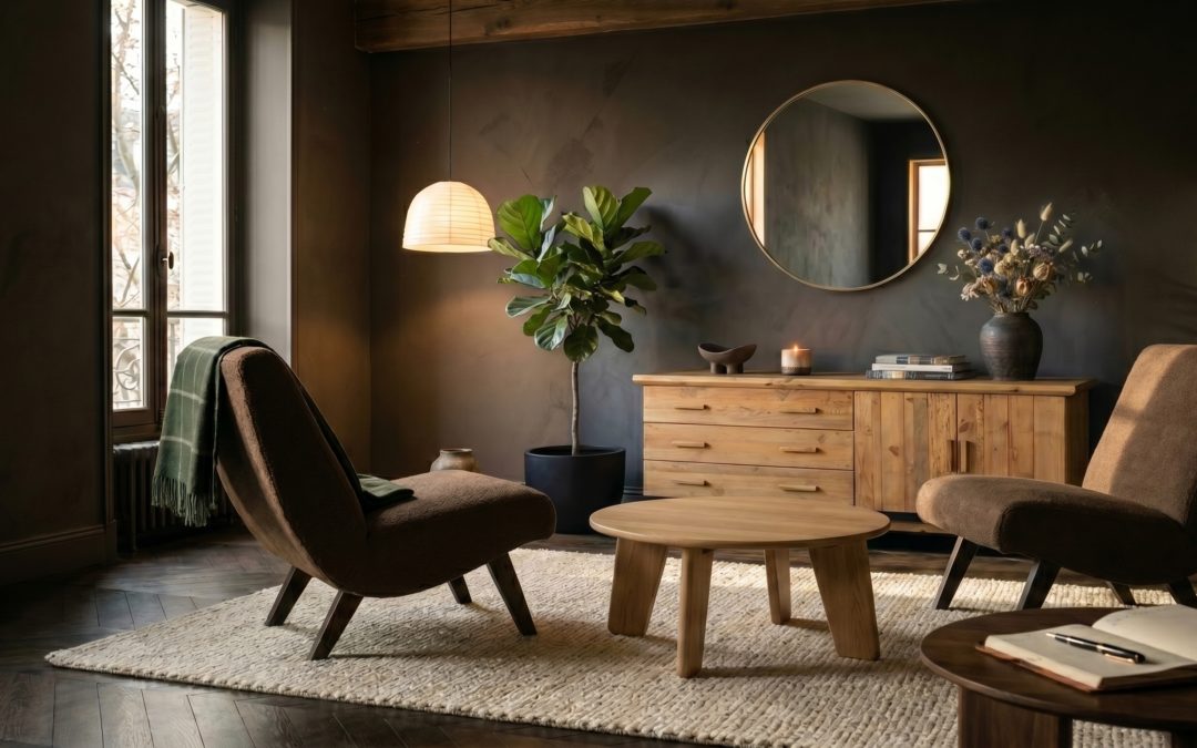 Salon Dark Japandi en duo de fauteuils bouclé brun, table basse ronde en noyer huilé, buffet bas en chêne clair, grand miroir circulaire et suspension en papier de riz sous lumière chaude latérale