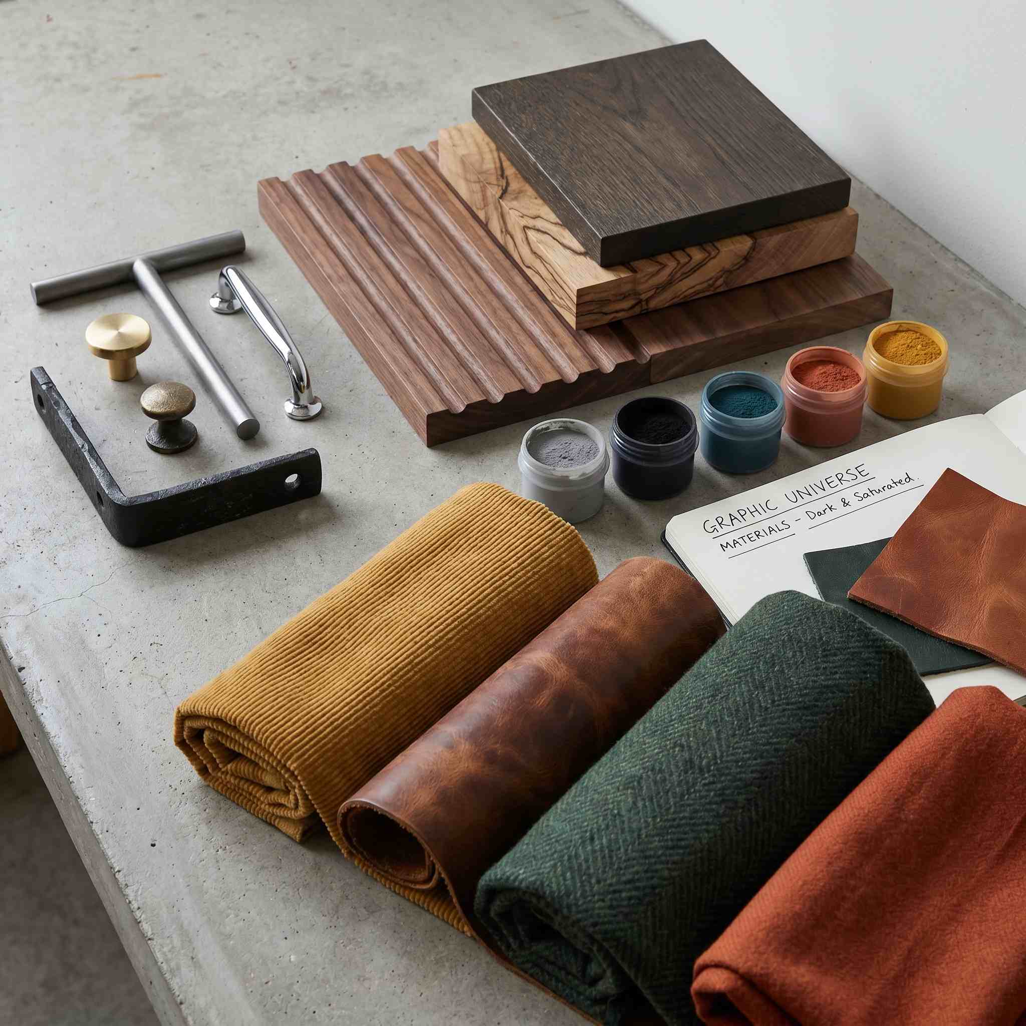 Matières Univers Graphique Atelier XVI : panneaux bois cannelé et veiné, poignées laiton et chrome, velours côtelé moutarde, cuir cognac, lainage vert forêt, pigments