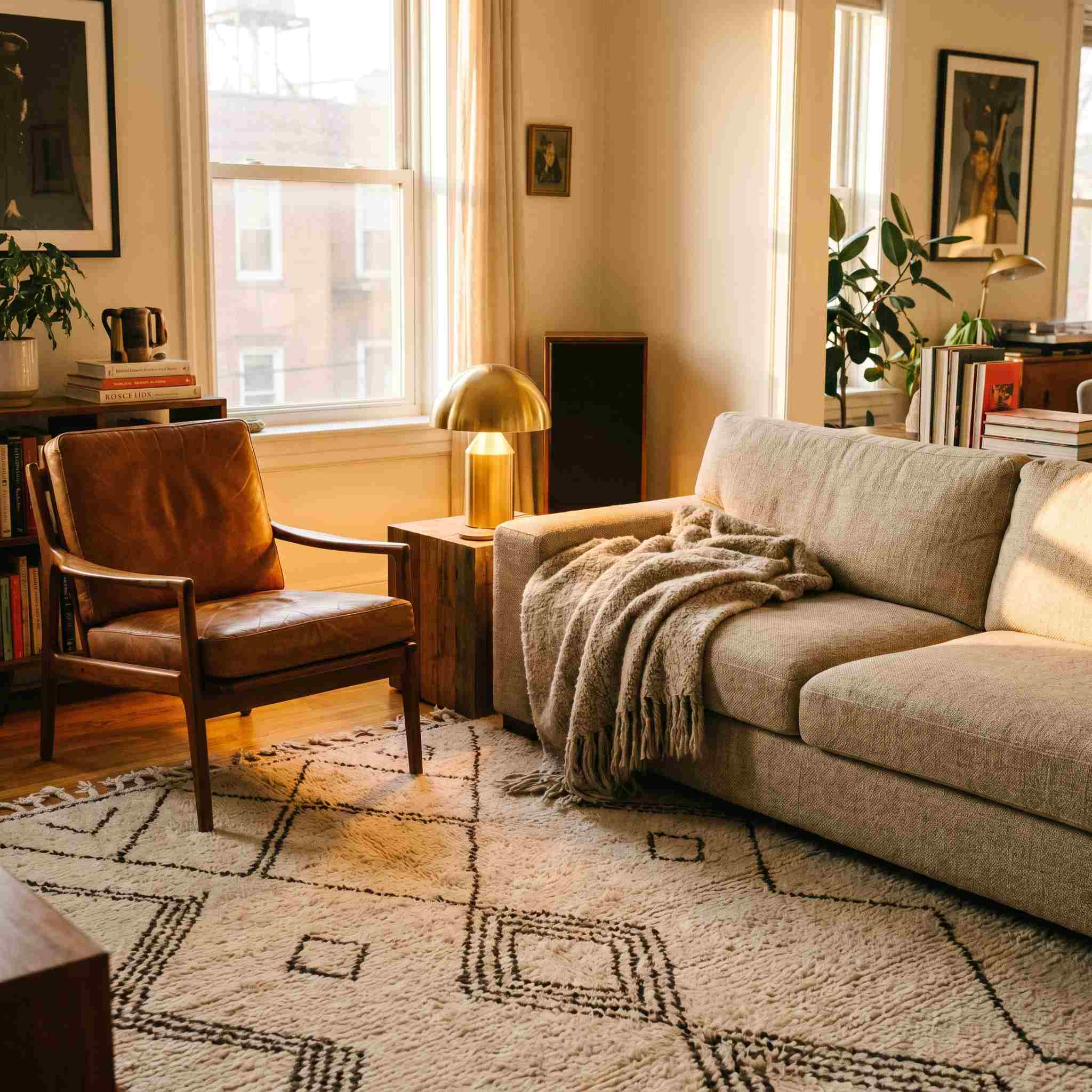 Salon Univers Graphique Atelier XVI : fauteuil cuir cognac mid-century, canapé tweed beige, plaid laine, lampe Atollo dorée, tapis berbère, baie vitrée urbaine