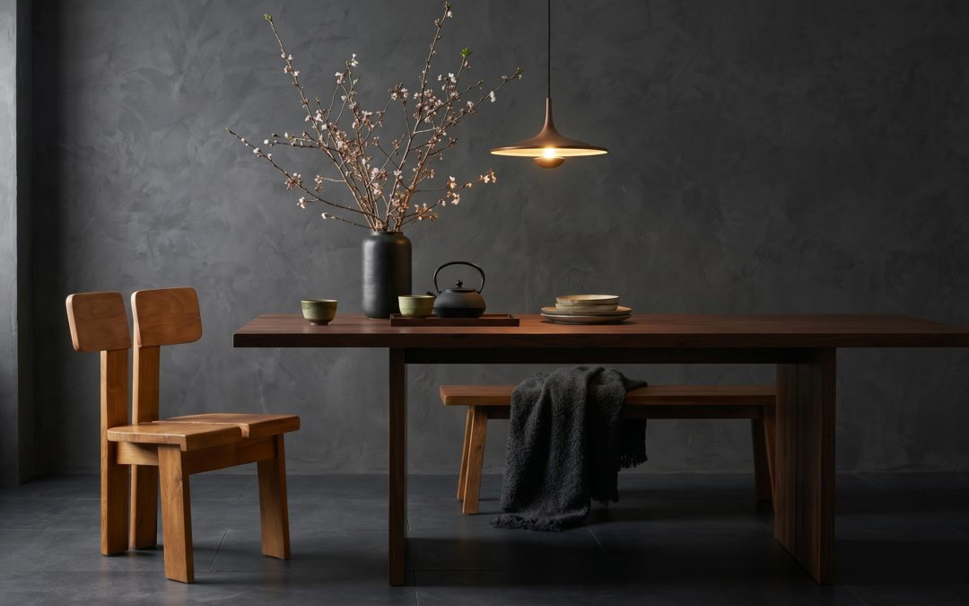 Chaise en teck massif blond au dossier dédoublé et silhouette japandi sculpturale, salle à manger aux murs enduit gris sombre avec table en bois, bench, vase noir avec branches de cerisier en fleurs et suspension cône bois