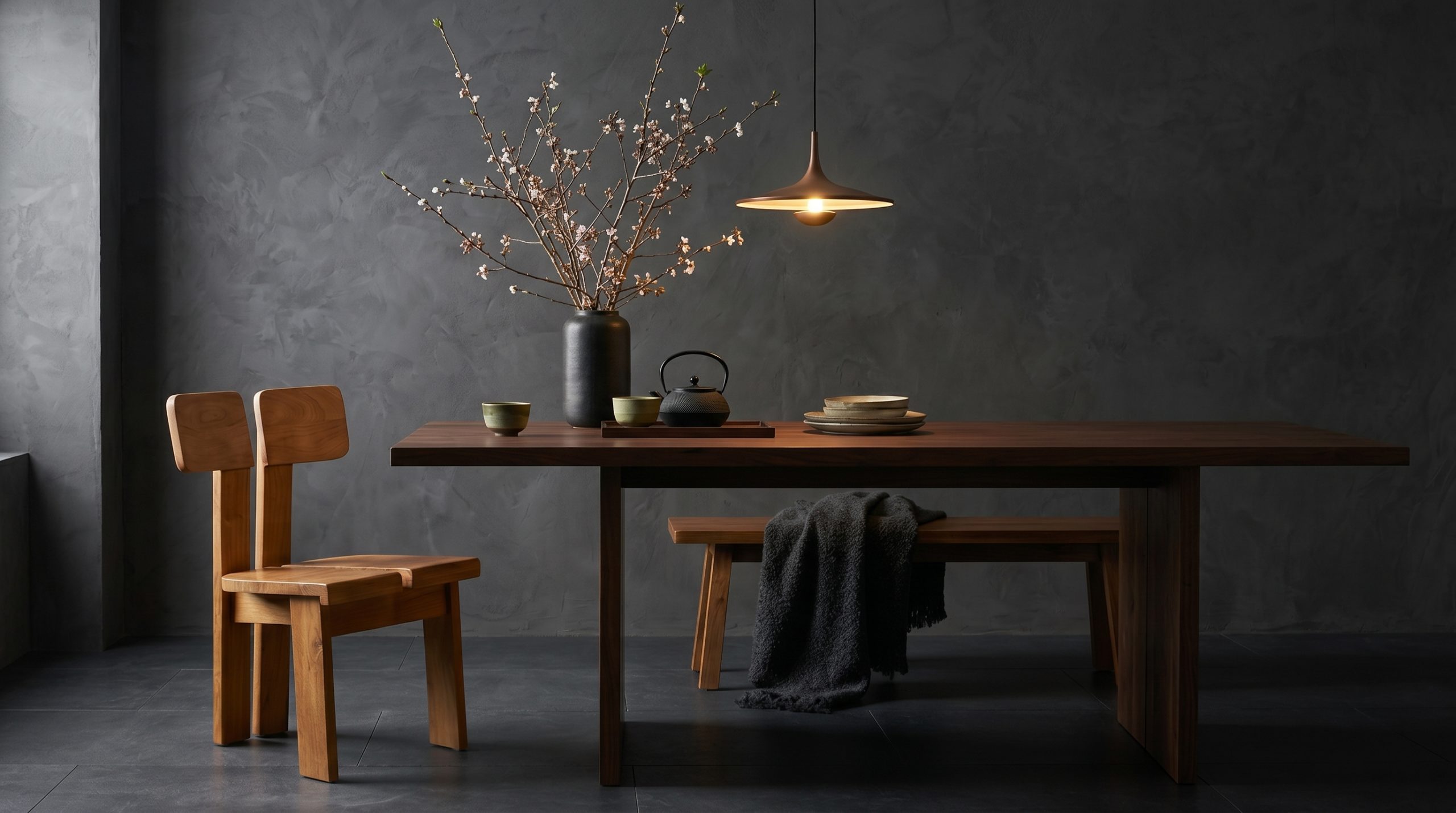 Chaise en teck massif blond au dossier dédoublé et silhouette japandi sculpturale, salle à manger aux murs enduit gris sombre avec table en bois, bench, vase noir avec branches de cerisier en fleurs et suspension cône bois