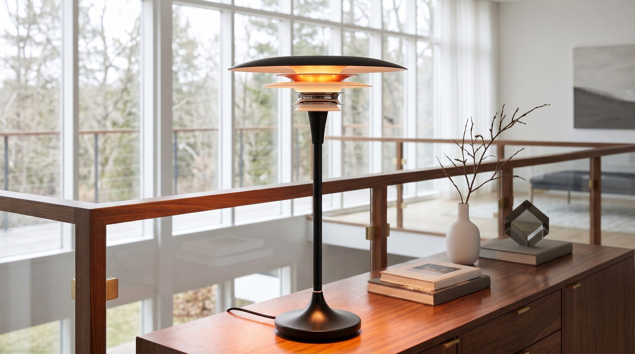 Lampe à poser Mid-Century en acier laqué noir mat à diffuseur multi-disques chrome et accent rouge brillant, posée sur un buffet en noyer, vase céramique blanc avec branches séchées et livres design, devant une grande baie vitrée sur jardin hivernal