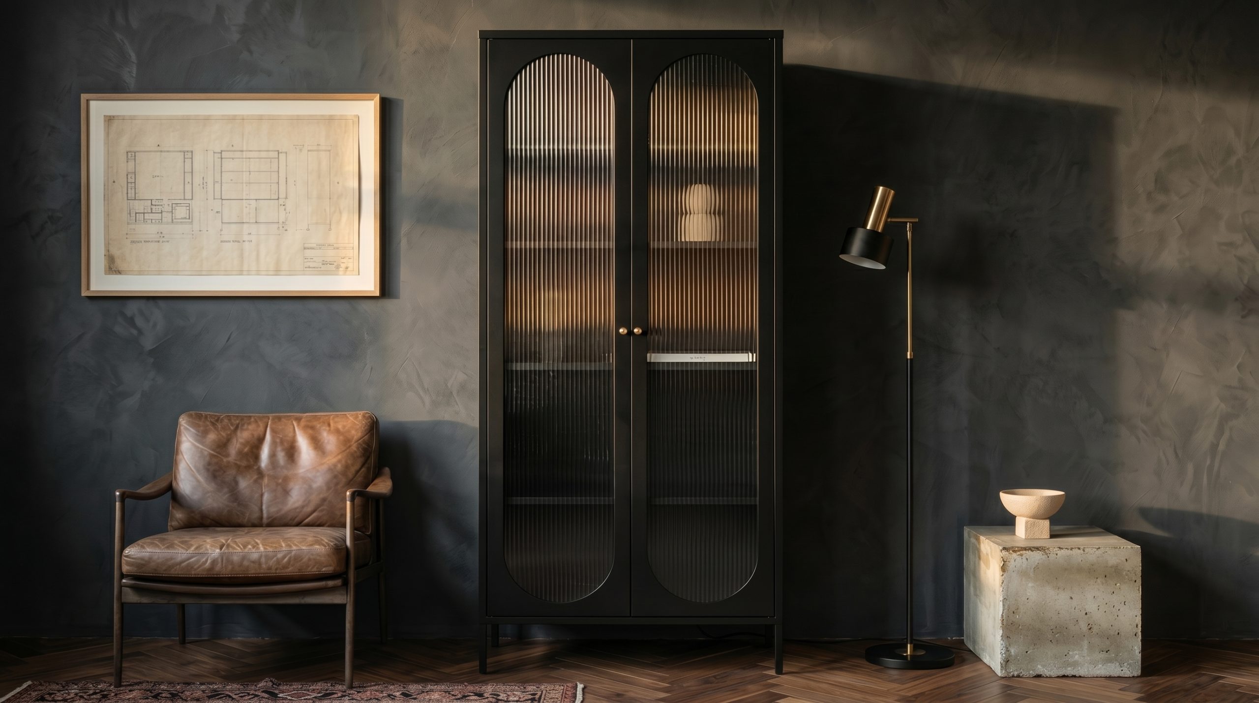 Vitrine colonne en acier laqué noir mat à deux longues arches percées et verre cannelé, salon mature aux murs enduit gris sombre, parquet chevron, fauteuil cuir camel patiné, lampadaire laiton et plinthe béton brut avec bol pierre