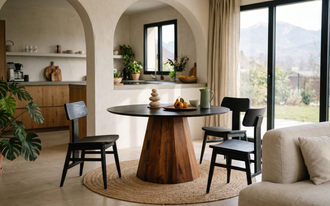 Table à manger ronde en pin recyclé à fût central monobloc et plateau noir laqué, salle à manger japandi aux arches enduit beige avec chaises bois noir, tapis jonc tressé et baie vitrée ouverte sur jardin de montagne