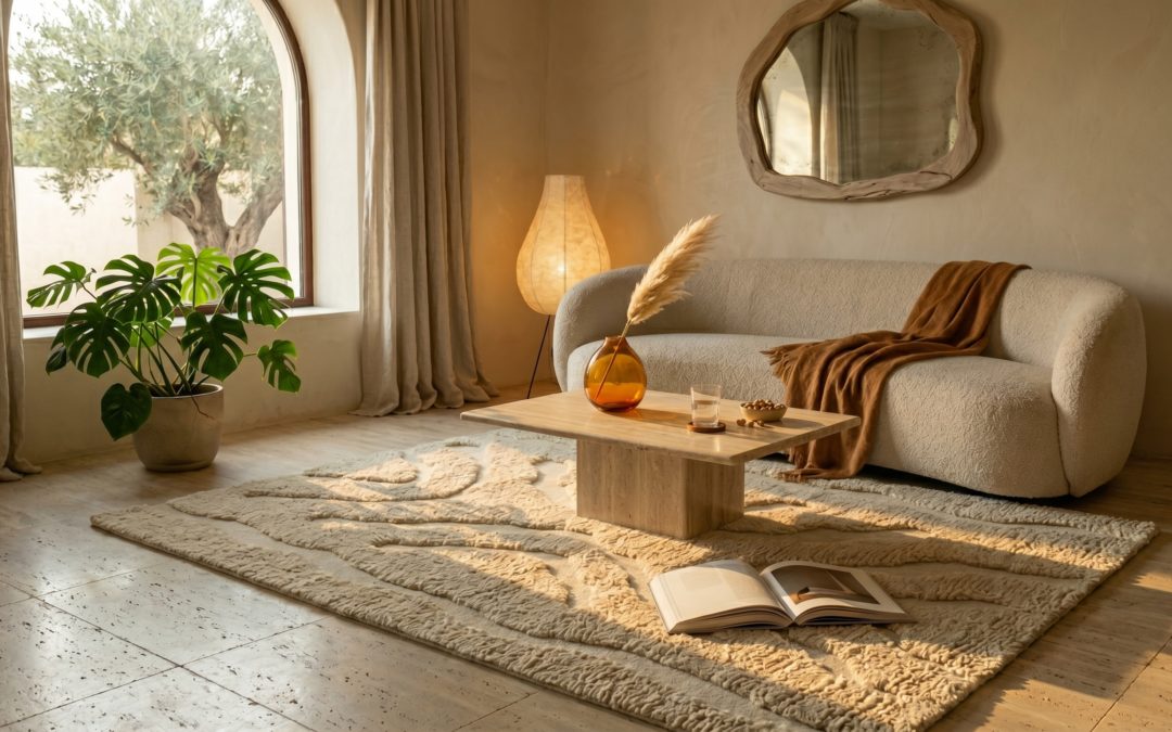 Tapis en laine beige aux reliefs sculptés ton sur ton et motifs organiques galets, salon méditerranéen aux murs enduit beige clair, baie à arche sur olivier en pot, canapé bouclé crème et table en travertin