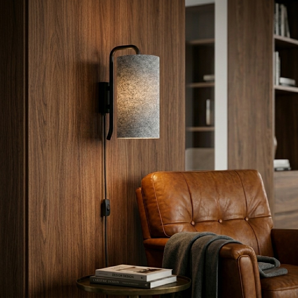Acier noir mat en arc et abat-jour cylindrique feutre laine grise, sur mur en noyer foncé, fauteuil cuir cognac à proximité