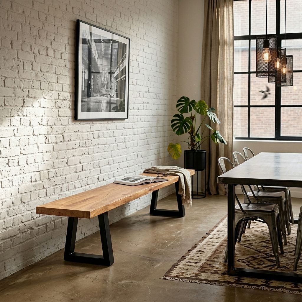 Banc en teck recyclé brun doré contre un mur de briques peint blanc, salle à manger industrielle, suspensions cage et kilim au sol
