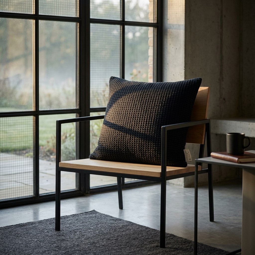 Coussin gaufré noir en coton recyclé posé sur un fauteuil bois et métal noir, verrière acier et sol béton brut.