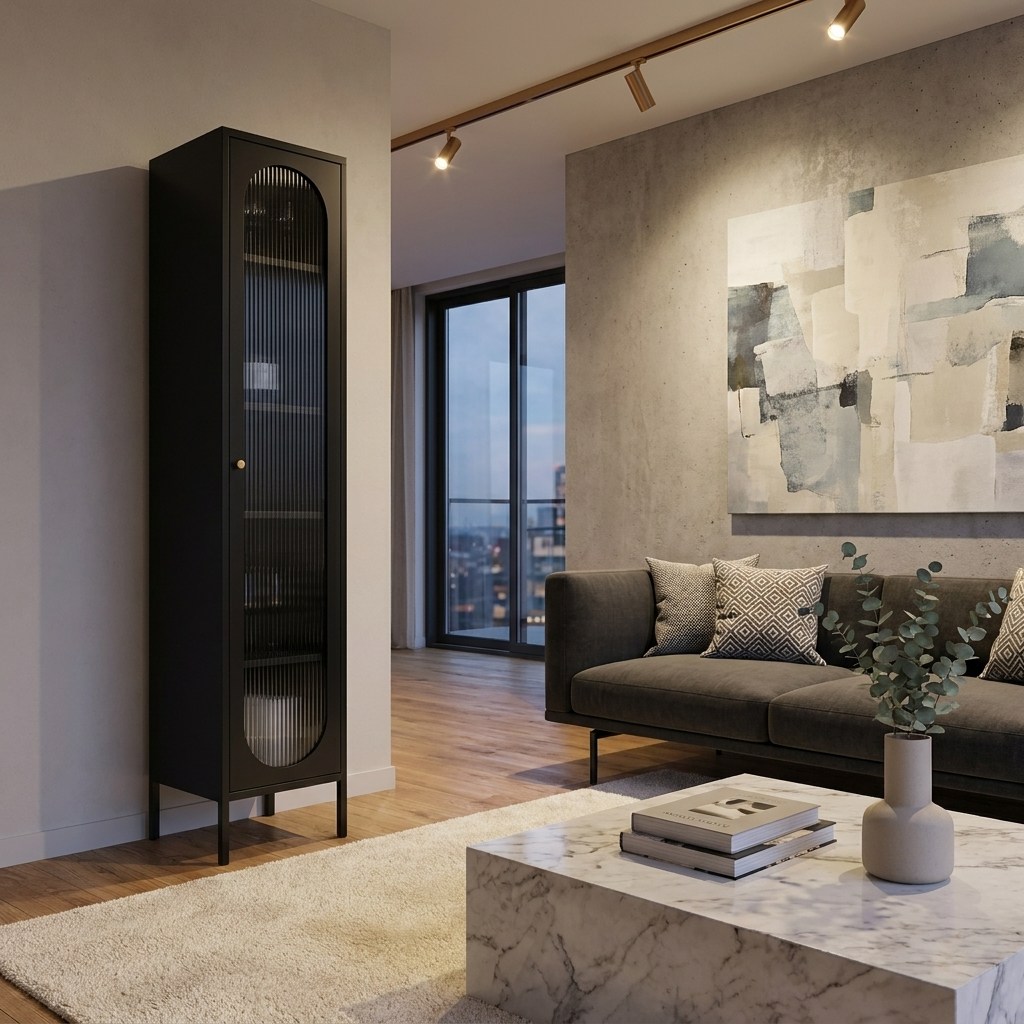 Étagère colonne vitrée en acier laqué noir et verre cannelé dans un salon contemporain au mur béton et table en marbre blanc.