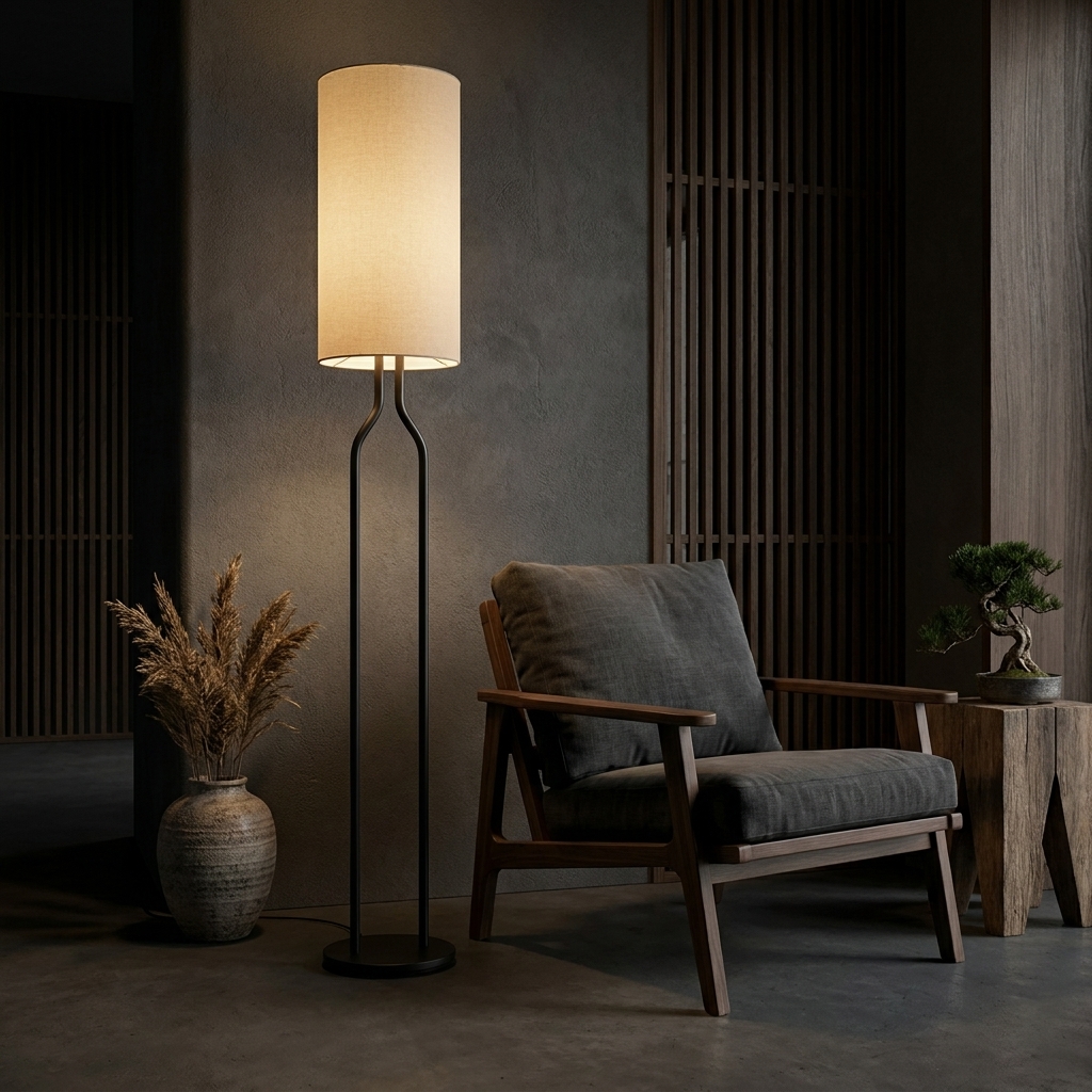 Lampadaire au pied en acier noir mat et abat-jour cylindrique en laine crème, coin salon aux murs béton et fauteuil bois