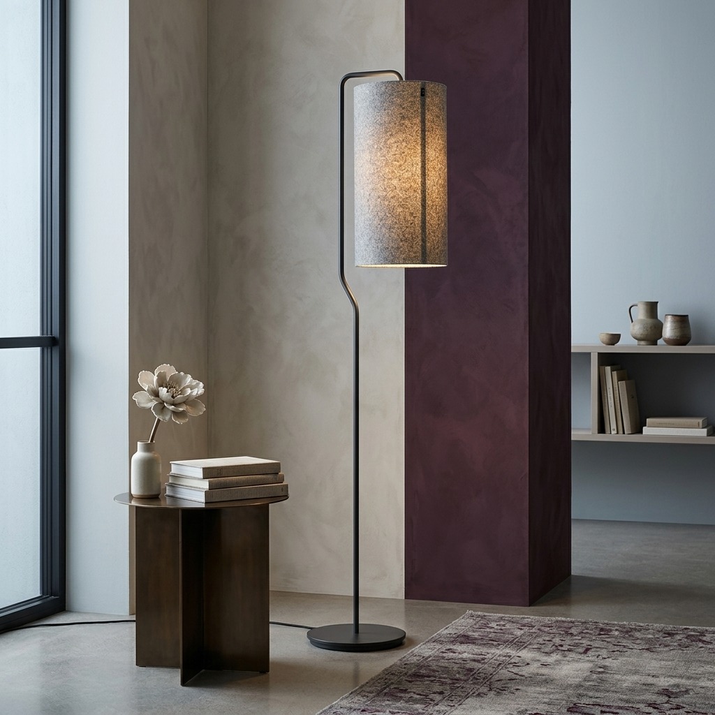 Lampadaire métal noir à abat-jour cylindrique en feutre laine grise, posé sur sol béton, palette terreuse posée
