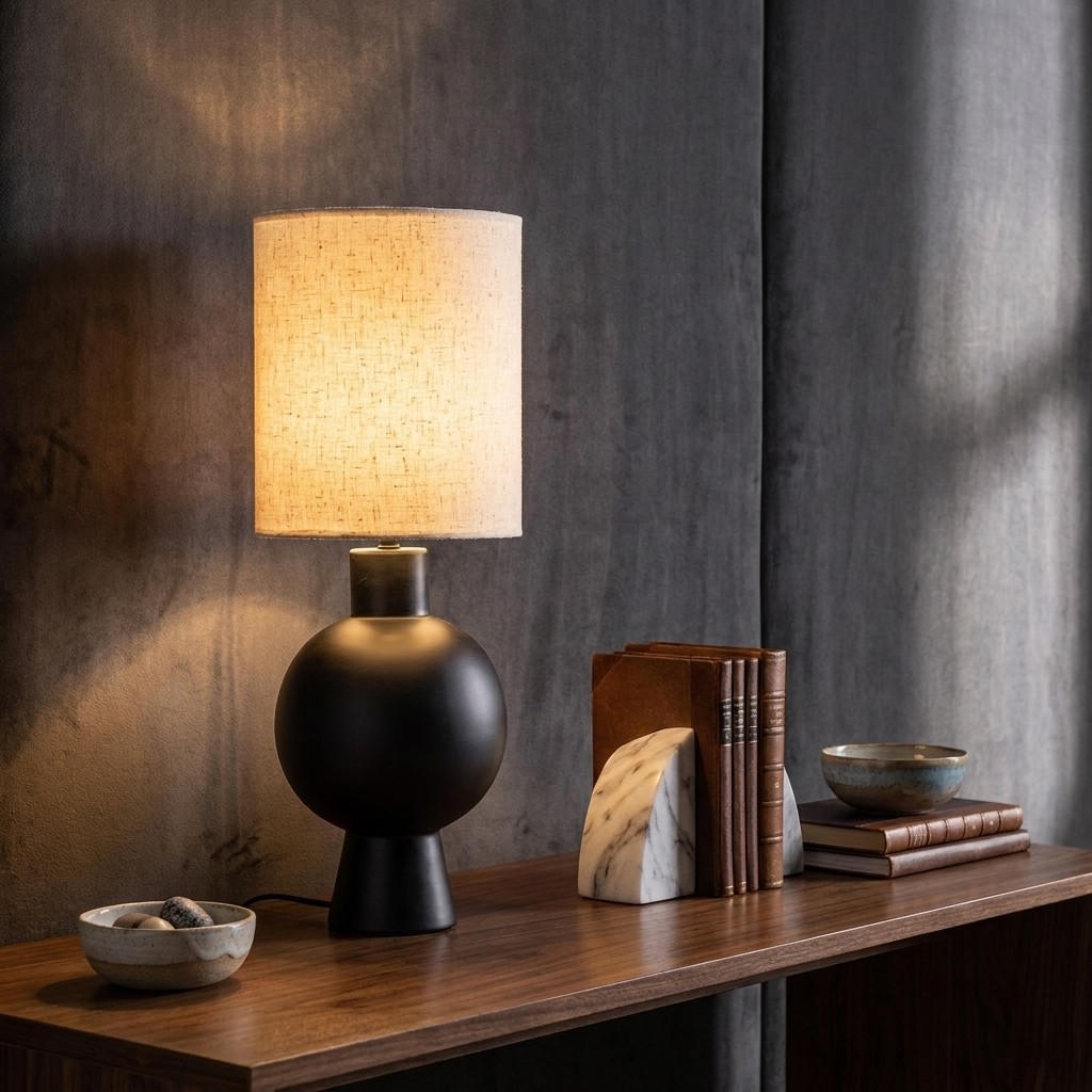Lampe en béton noir et abat-jour cylindrique en lin écru sur console en bois foncé, mur enduit gris et lumière rasante