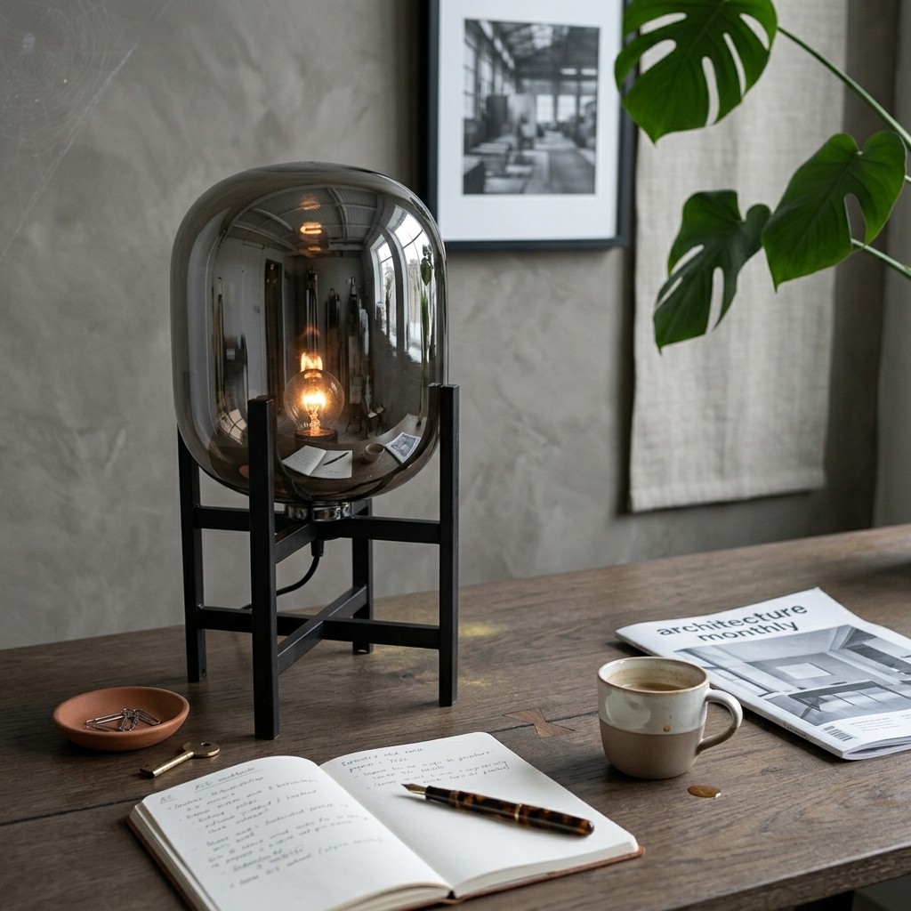 Lampe à poser dôme verre fumé sur bureau bois brut, murs enduit béton gris, monstera et revue déco, lumière filament chaude