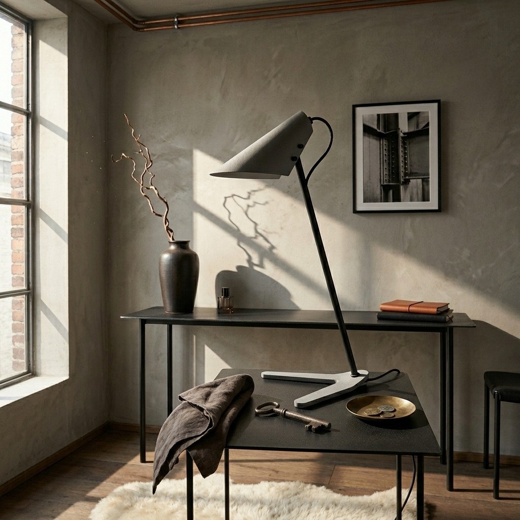 Lampe à poser béton et acier noir sur console métal, mur enduit gris brut et fenêtre industrielle en lumière rasante