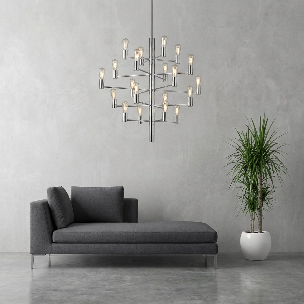 Lustre chrome poli vingt lumières filament suspendu au-dessus d'une méridienne grise contre un mur béton clair.