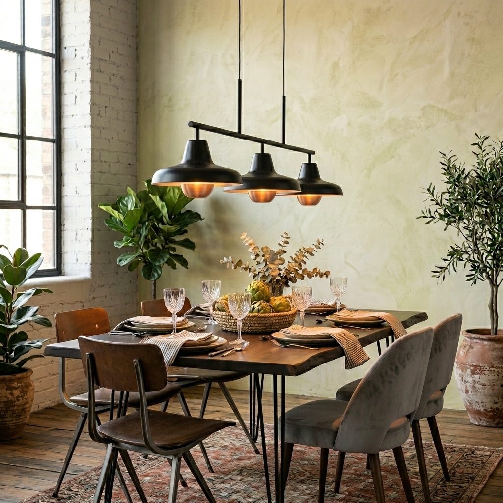 Suspension 3 cônes en acier noir mat à intérieur cuivré au-dessus d'une table en bois dressée, salle industrial soft.