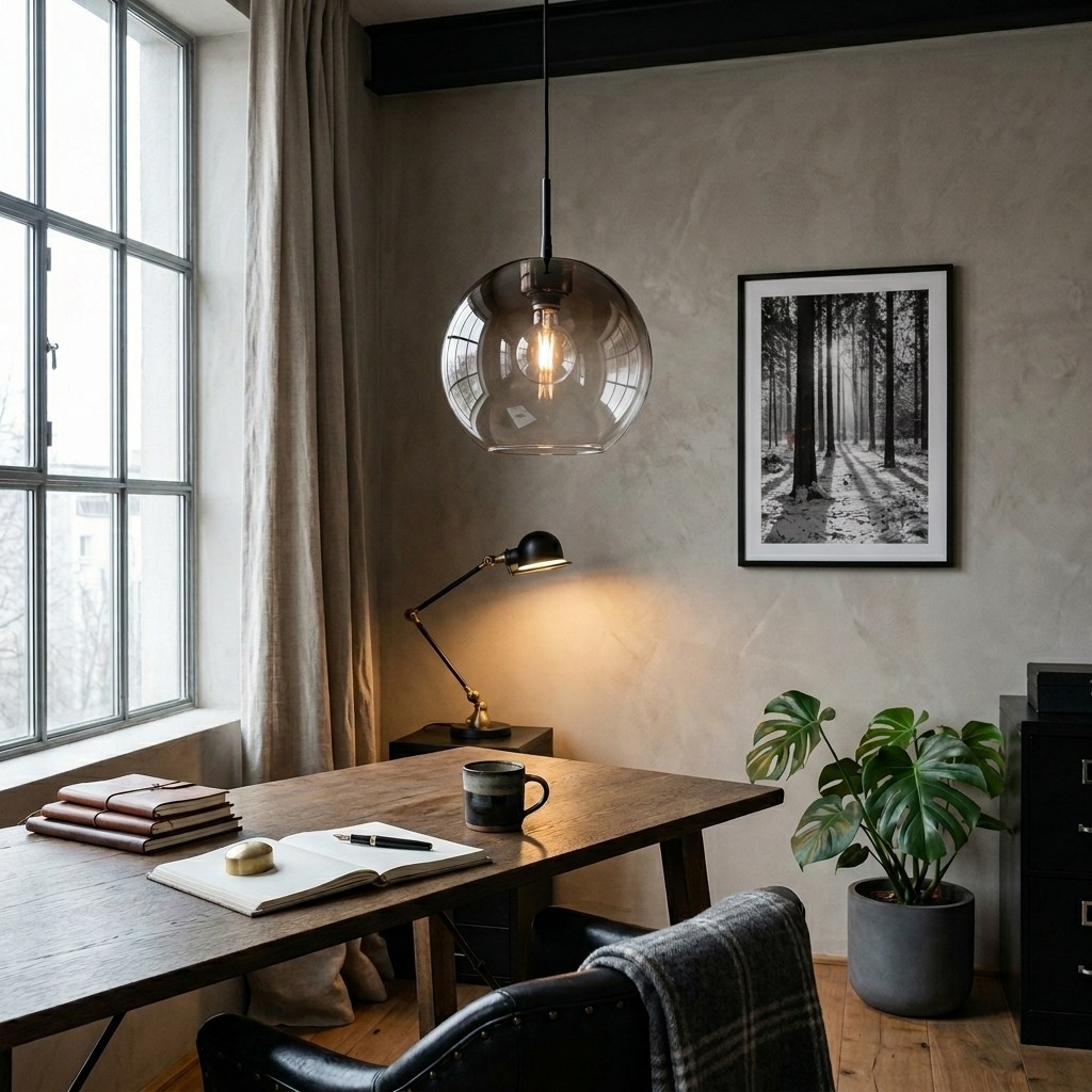 Suspension globe en verre fumé allumée au-dessus d'un bureau en bois, mur en enduit taupe, fenêtre acier et cadre photo