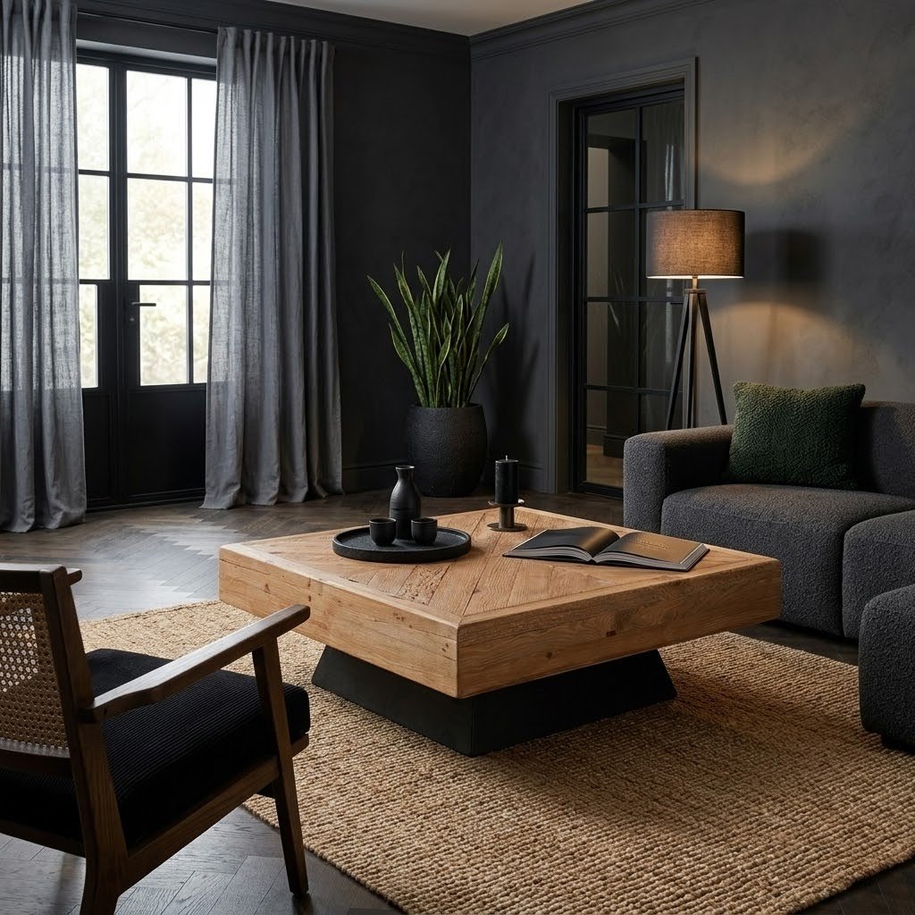 Table basse en pin recyclé dans un salon sombre industrial soft, canapé boucle gris, lampadaire tripode, tapis jute