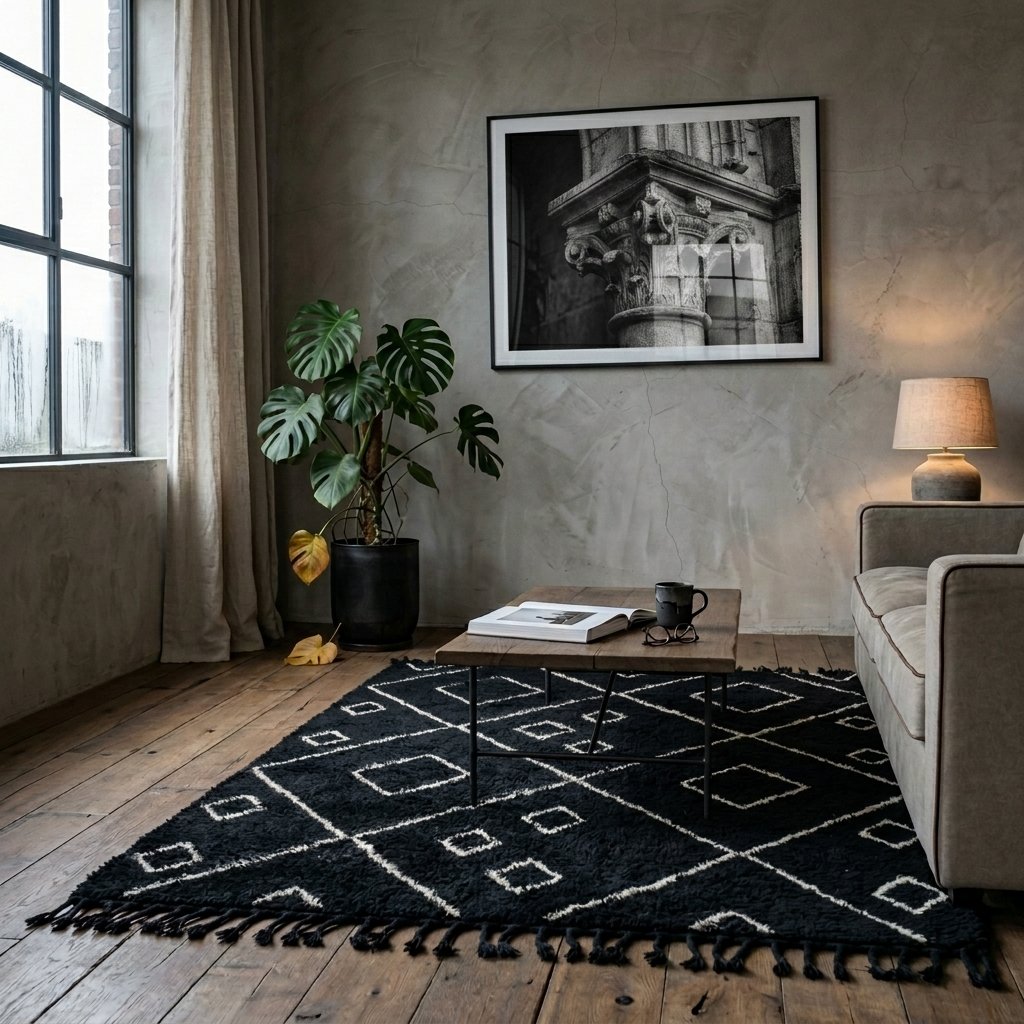 Tapis laine noir à losanges blancs dans un salon Industrial Soft, béton ciré, parquet bois massif, monstera en pot noir, lumière tamisée