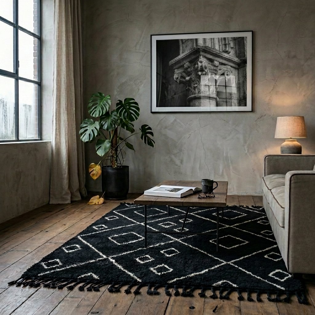 Tapis laine noir à losanges blancs dans un salon Industrial Soft, mur enduit gris, parquet bois massif, monstera en pot noir