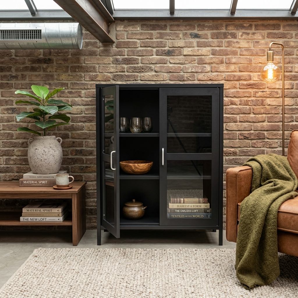Vitrine en acier noir mat aux portes vitrées, mur de briques patinées, fauteuil cuir cognac et plaid vert mousse