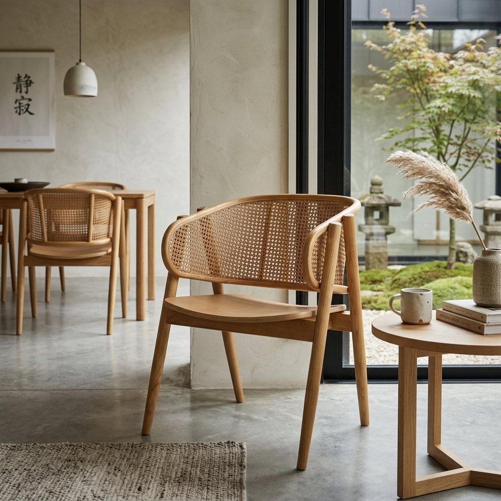 Chaise enveloppante en orme massif cintré à la vapeur et panneau de cannage rotin tressé, salle à manger japandi aux murs enduit sable, calligraphie zen, table basse en bois clair et vue sur jardin japonais avec lanterne pierre et érable rouge