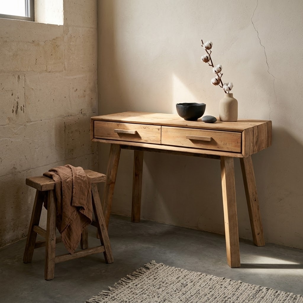Console Kevin en pin recyclé naturel dans un intérieur japandi avec mur enduit beige, tabouret bois et vase céramique