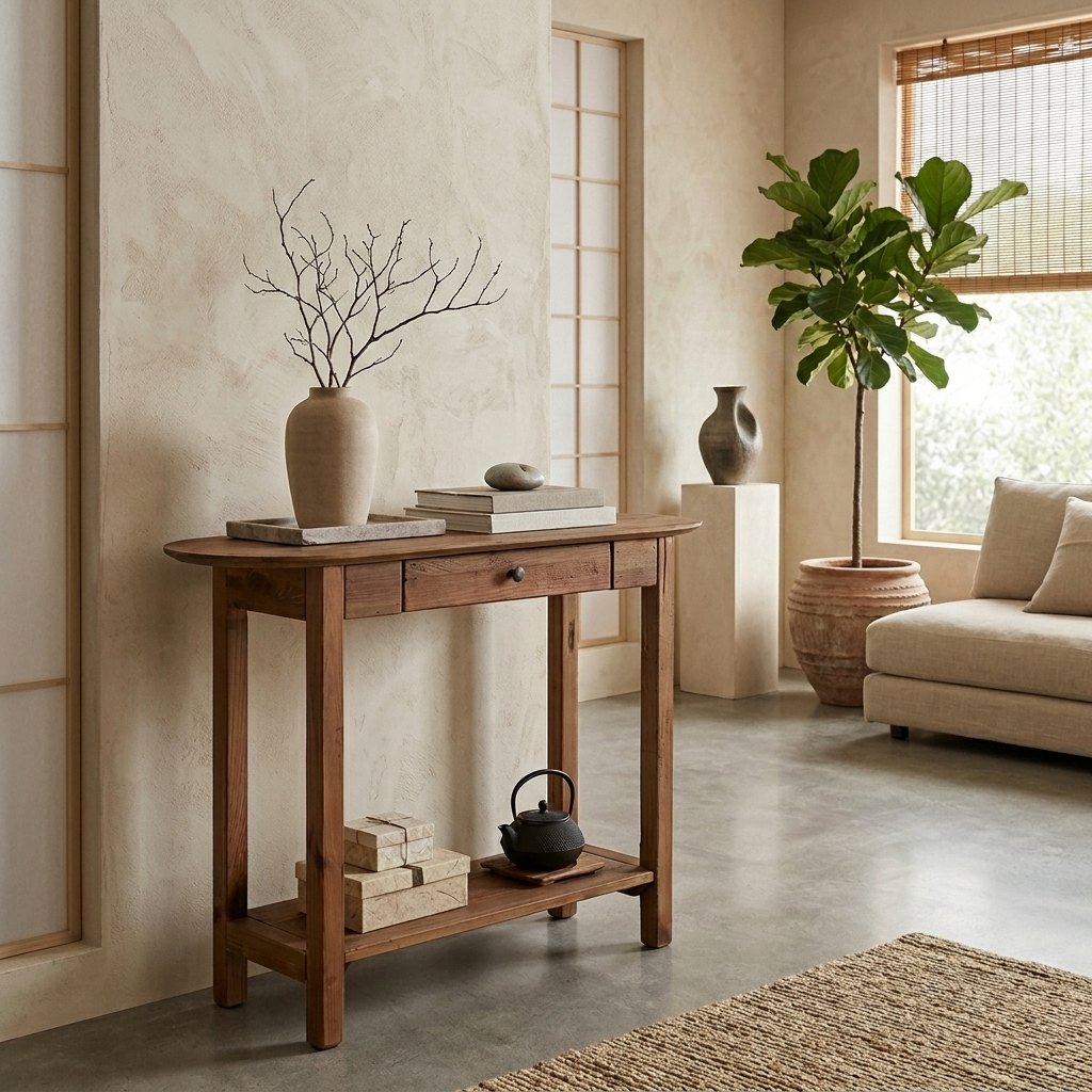 Console en pin recyclé massif au plateau ovale aux veines et nœuds visibles, un tiroir central à bouton et étagère basse, intérieur japandi aux murs gris sombre, bol céramique avec branche séchée et fauteuil bas en arrière-plan
