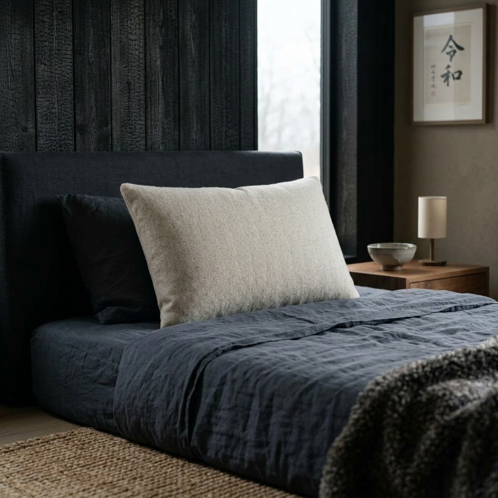 Coussin chevron crème sur lit en linge de lin charcoal, tête de lit lin foncé, mur bois brûlé noir et chevet bois clair